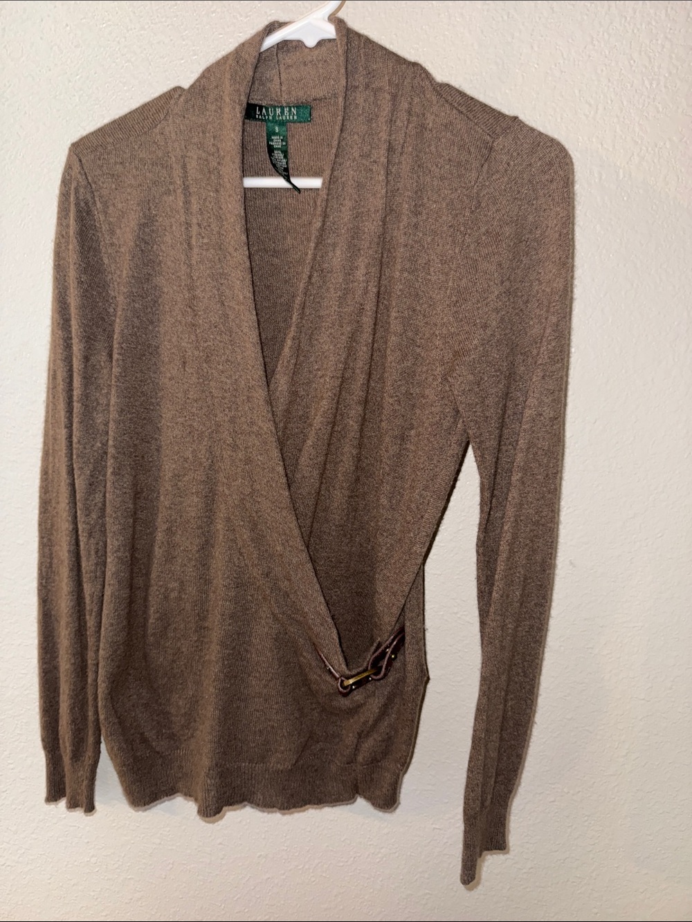 Lauren Ralph Lauren Taupe Brown Wrap-Front V-Neck Sweater